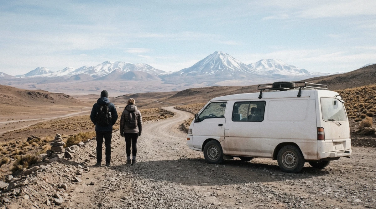 A tour van parked on the high altiplano road with volcanoes on the horizon, on an Atacama Desert tour climbing from San Pedro toward El Tatio