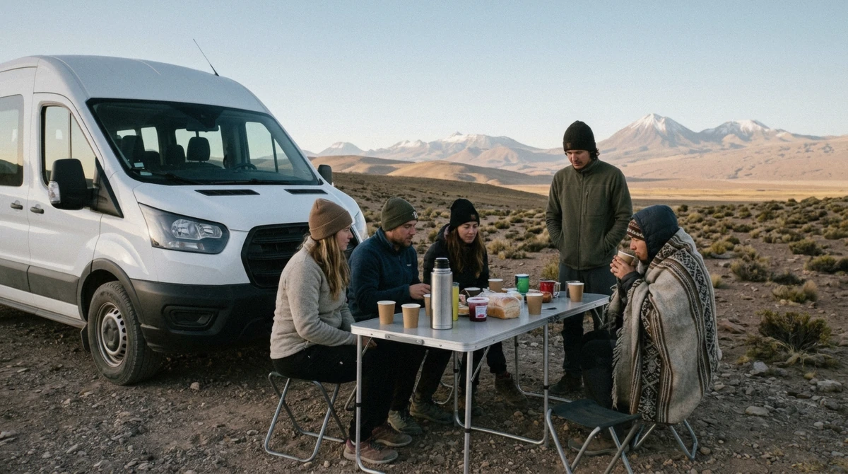 Travelers eating breakfast beside a tour van at a scenic altiplano stop at golden hour on an Atacama Desert tour in Chile